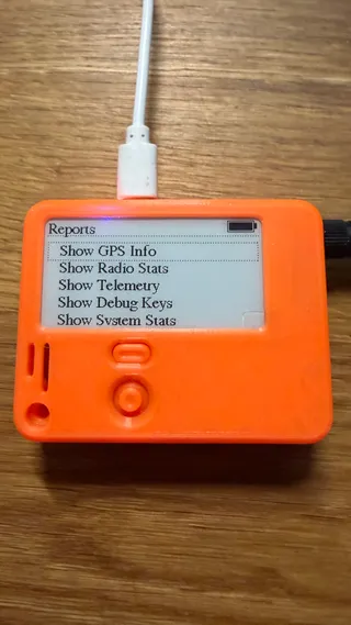 Reports menu: GPS info, radio stats, telemetry, debug keys, system stats